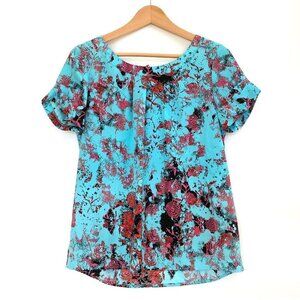 Kensie Womens Short Sleeve Floral Blouse Top Back Bow Size S Colorful Party